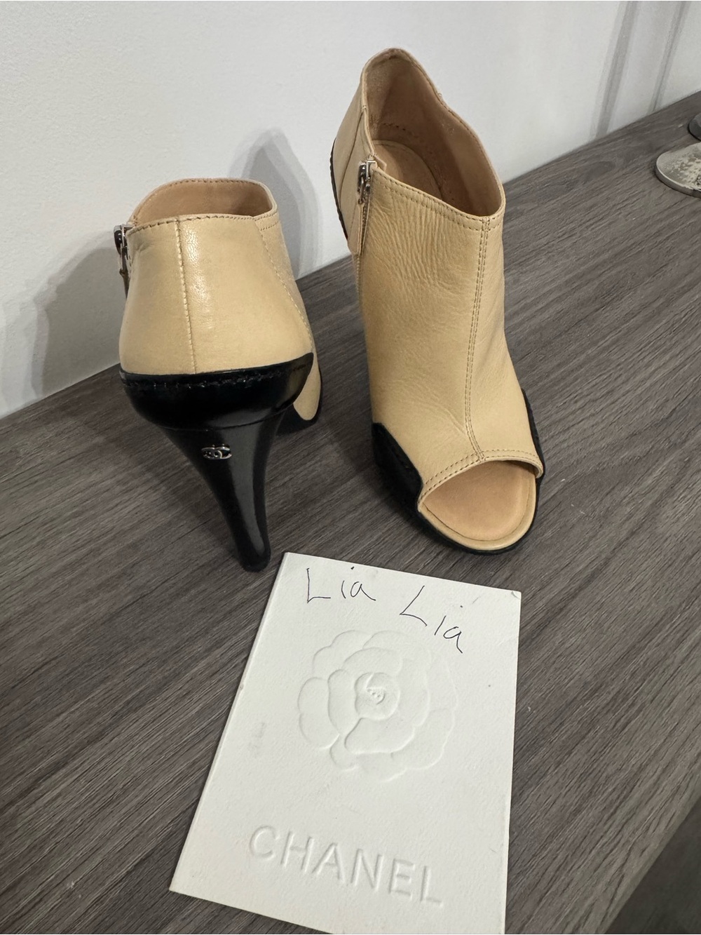 CHANEL Beige and Black Peep-Toe Leather Booties with Heel